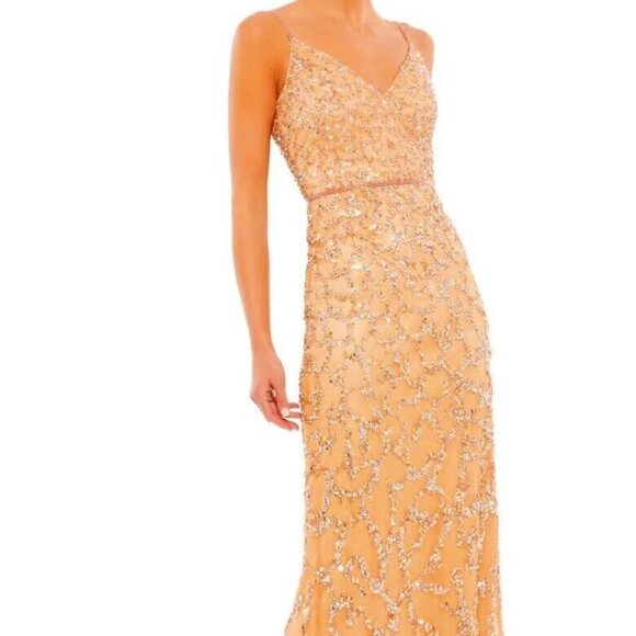Mac Duggal Nude Shatter Sequin Beaded Waist Sheath Gown